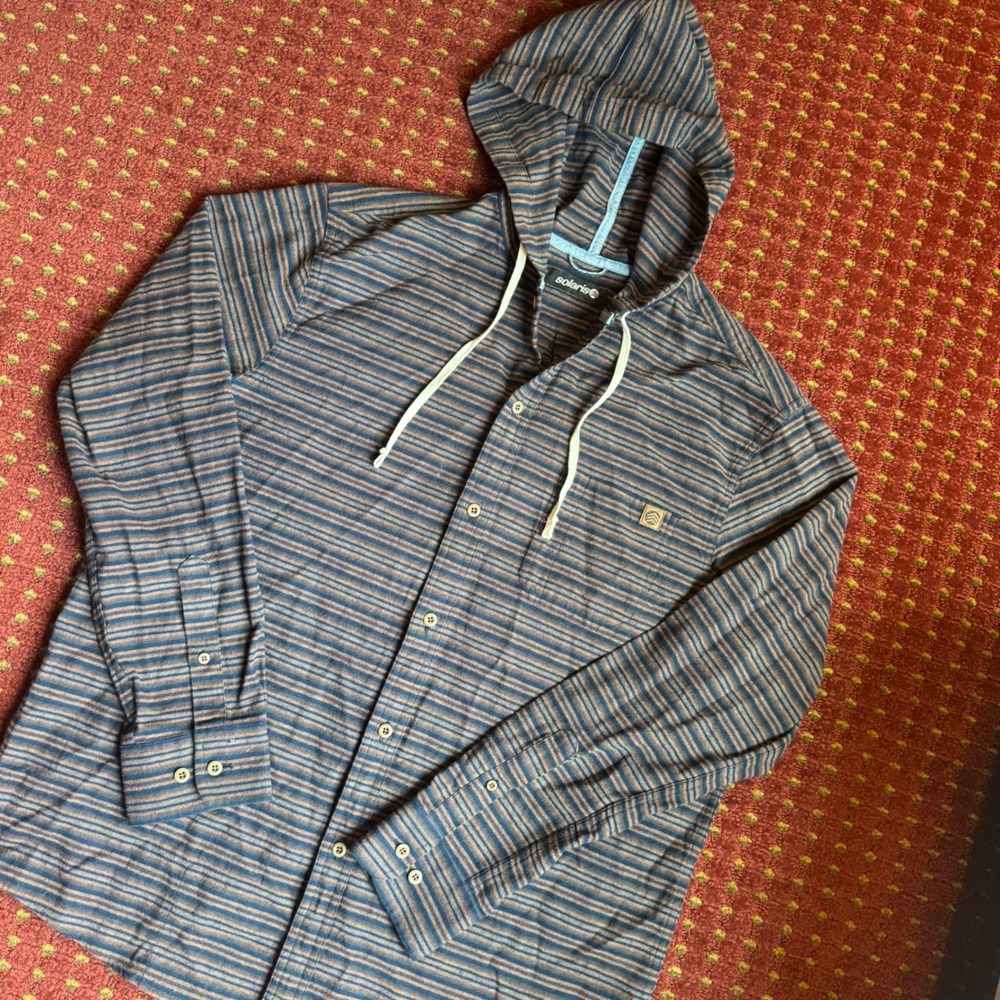 Solaris Hooded Button Down Shirt Mens Large Blue Brown Striped Excellent Woven